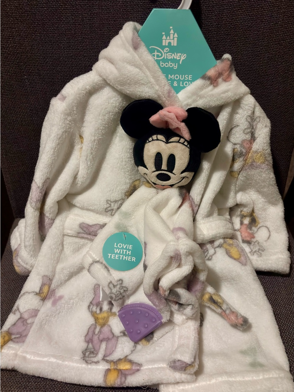 Disney White Minnie Mouse Plush Hooded Infant Robe with Lavender Teether